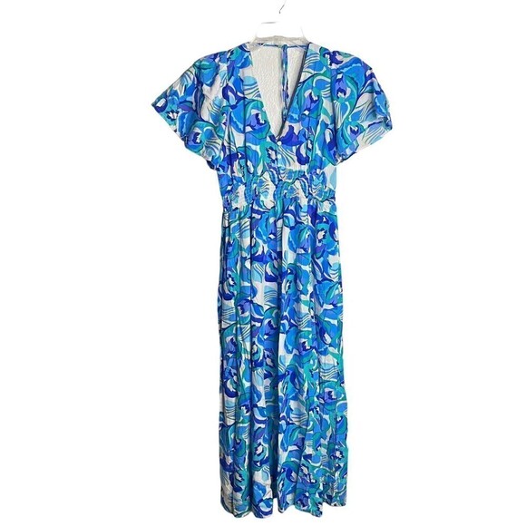 Abel The Label Anthropologie Blue Boho Smocked V Neck Maxi Dress Small Dress Up - Picture 1 of 11